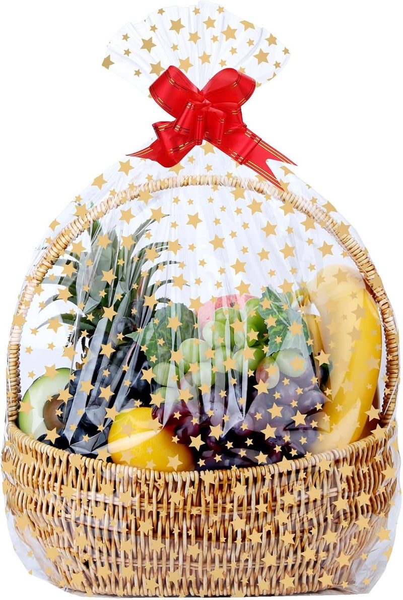 ZIMCEMS 12Pcs 20X30 inch Gold Star Printed Clear Cellophane Gift Wrap Bags Basket Wrapping Plastic Large Cello Bags for Party Favors Treats Mug with 5" Twist Ties - Image 1